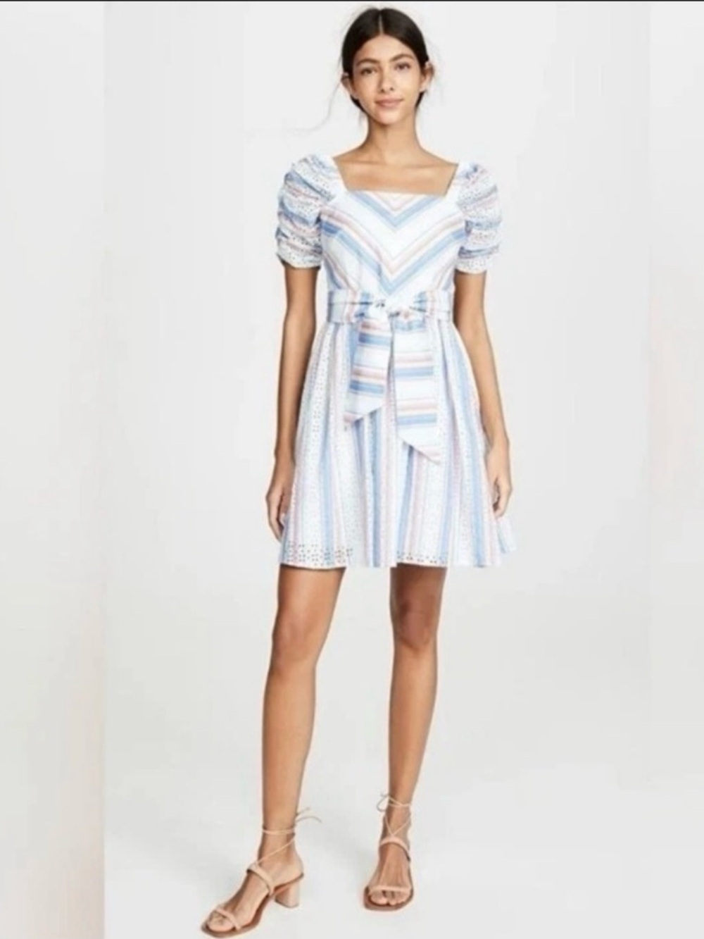 Shoshanna Perle Eyelet Striped Puff Sleeve Dress With Waist Tie